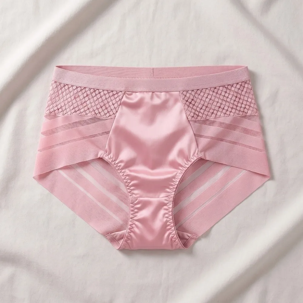 

Lingerie Mid Waist Satin Silk Briefs Transparent Underpants Seamless Briefs Simple Cotton Crotch Mesh Panties Girl