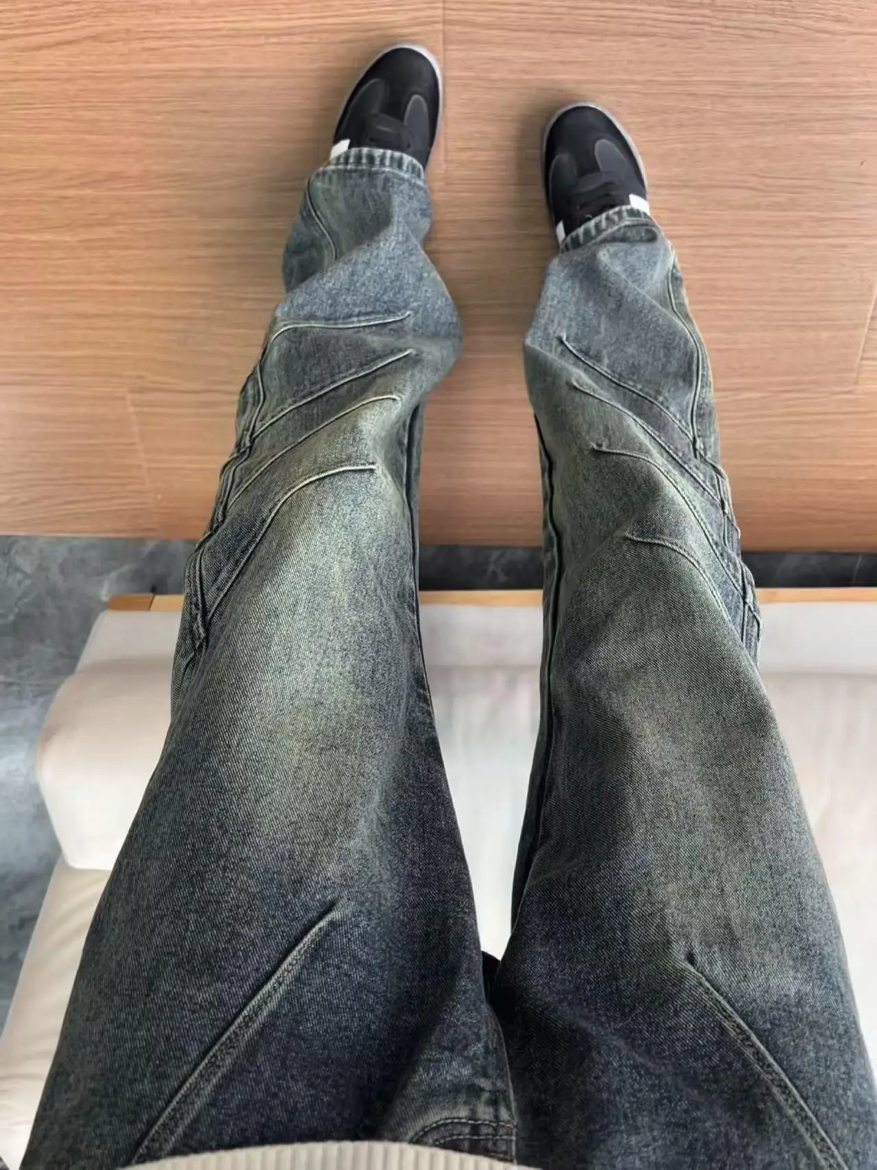 

American Sle Pleated Slimming Men's Jeans High Waist Spring Trendy High Street Vibe Straight Leg Micro Flared Pants