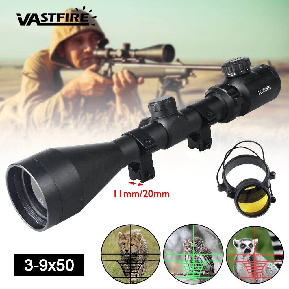 

3-9x50 Telescopic Hunting Tactical Optical Rifle Scope Sight with Red Green Illuminated Cross Scope with 2*11mm/20mm Mounts