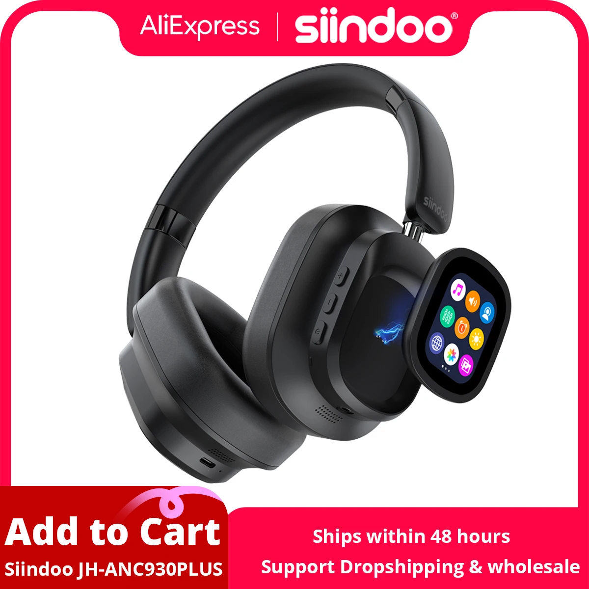 Siindoo NEWEST Hybrid ANC Wireless Headphone, ANC930Plus With Multi Magnetic Touch Control LED Screen 1GB MP3 AND APP Download
