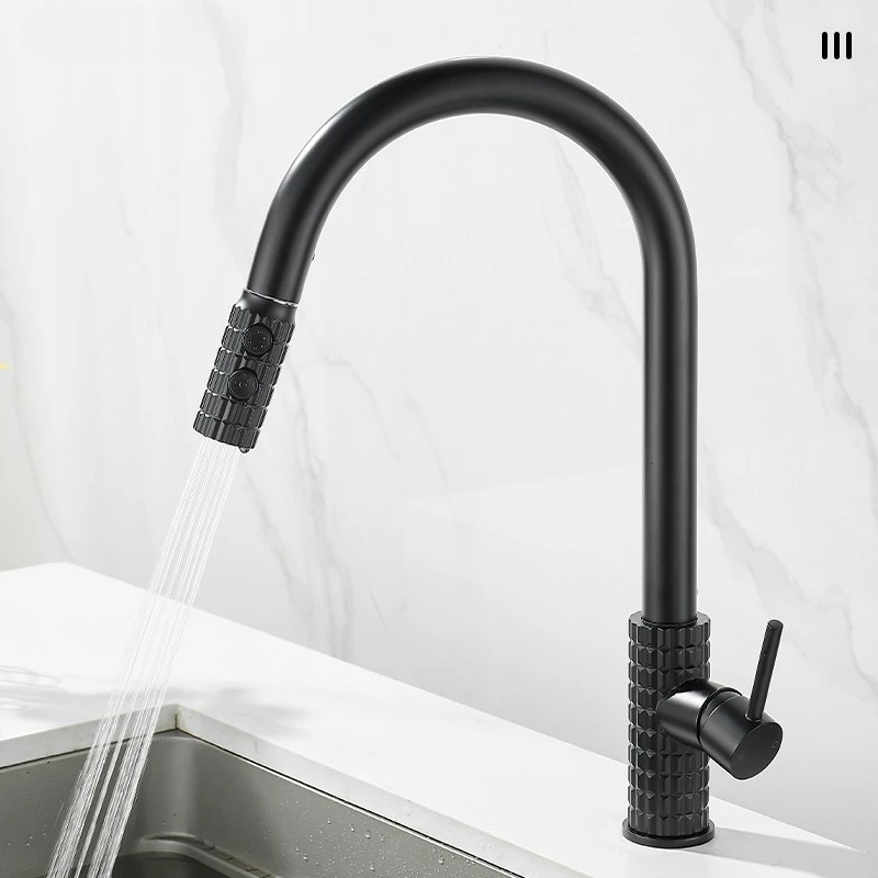 Retro luxury kitchen pull-out faucet - Home-use multi-functional cold and hot water faucet with splash-proof feature