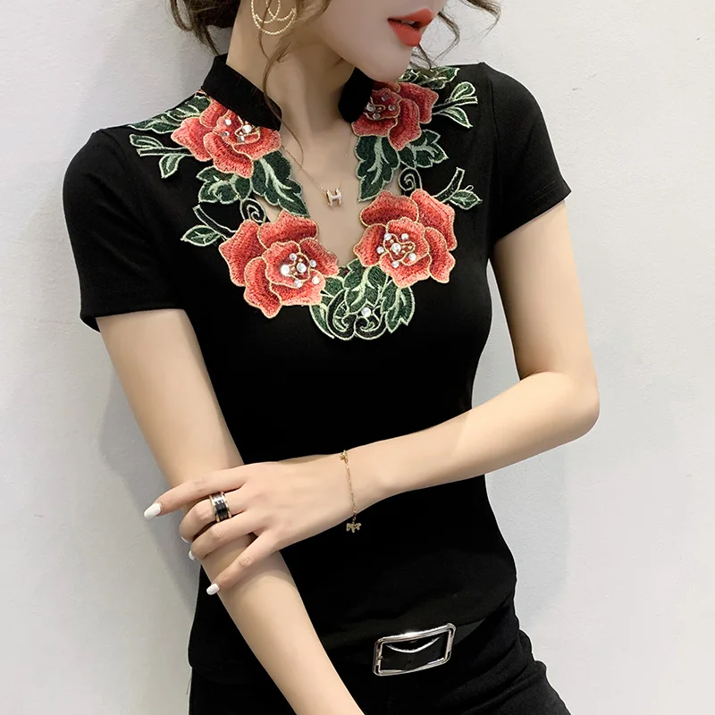 

#7120 Black Red Vintage Casual T Shirt Women Chinese Style Embroidery Flower Women's T Shirt V-neck Basic T-shirt Femme Skinny