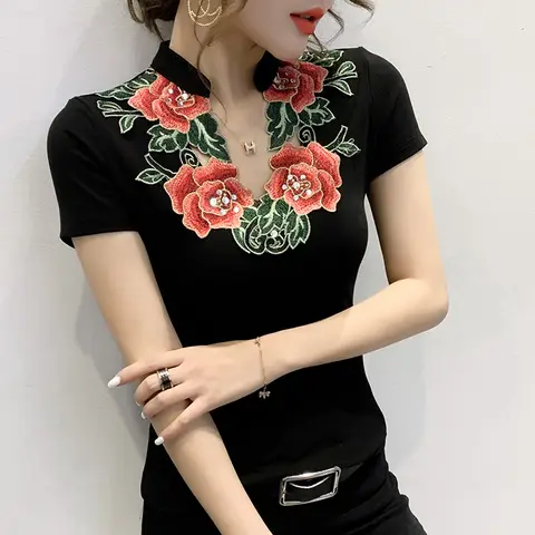여성용 빈티지 캐주얼 티셔츠, 중국 스타일 자수 꽃 티셔츠, V넥 기본 티셔츠, 팜므 스키니, #7120 블랙 레드