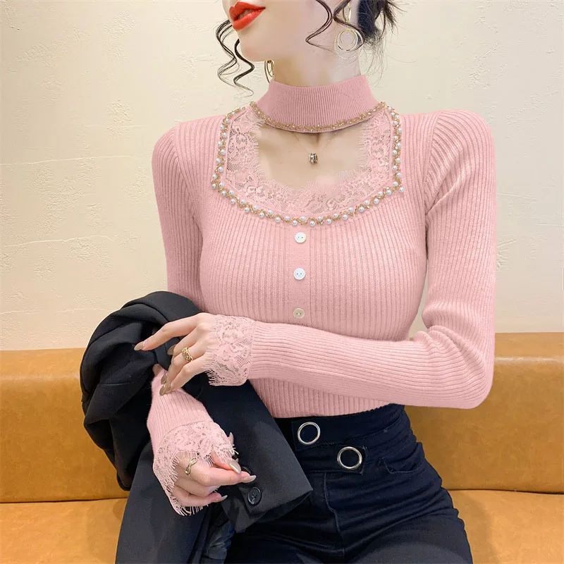 Maglione lavorato a maglia da donna pesante con giunture in pizzo rosa V-Ne Appeso Ne Design Autunno Inverno Nuovo Sle Faionable Base irt