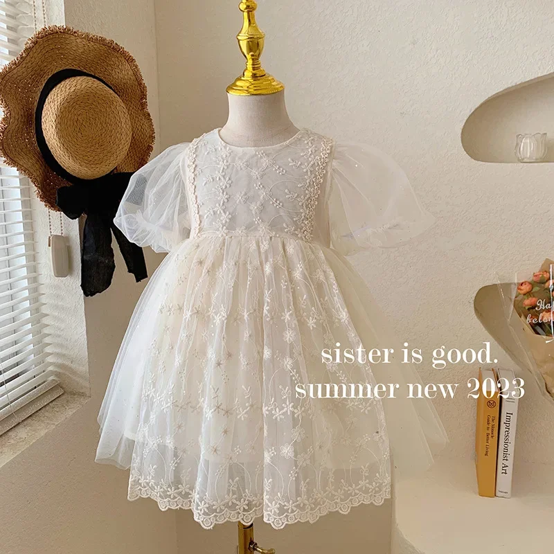 Korean Style New Summer Princess Dress Round Collar Short Sleeves Solid Color Dresses with Lace Children Clothing E23023