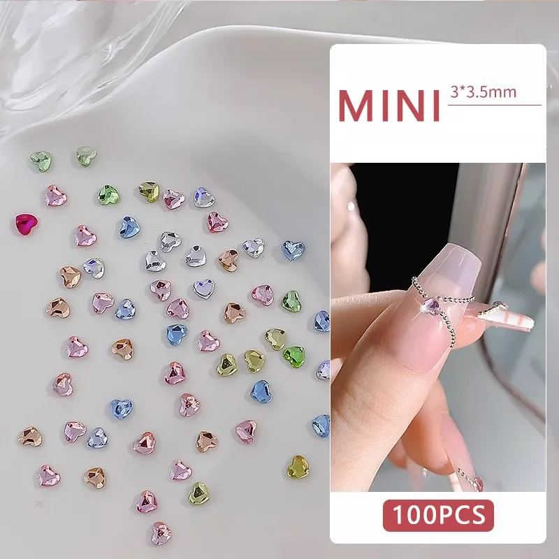 100PCS Mini Love Heart Diamond Nail Decoration Super Sparkling Flat Bottom Diamond Colorful Small Peach Heart Explosion Spark