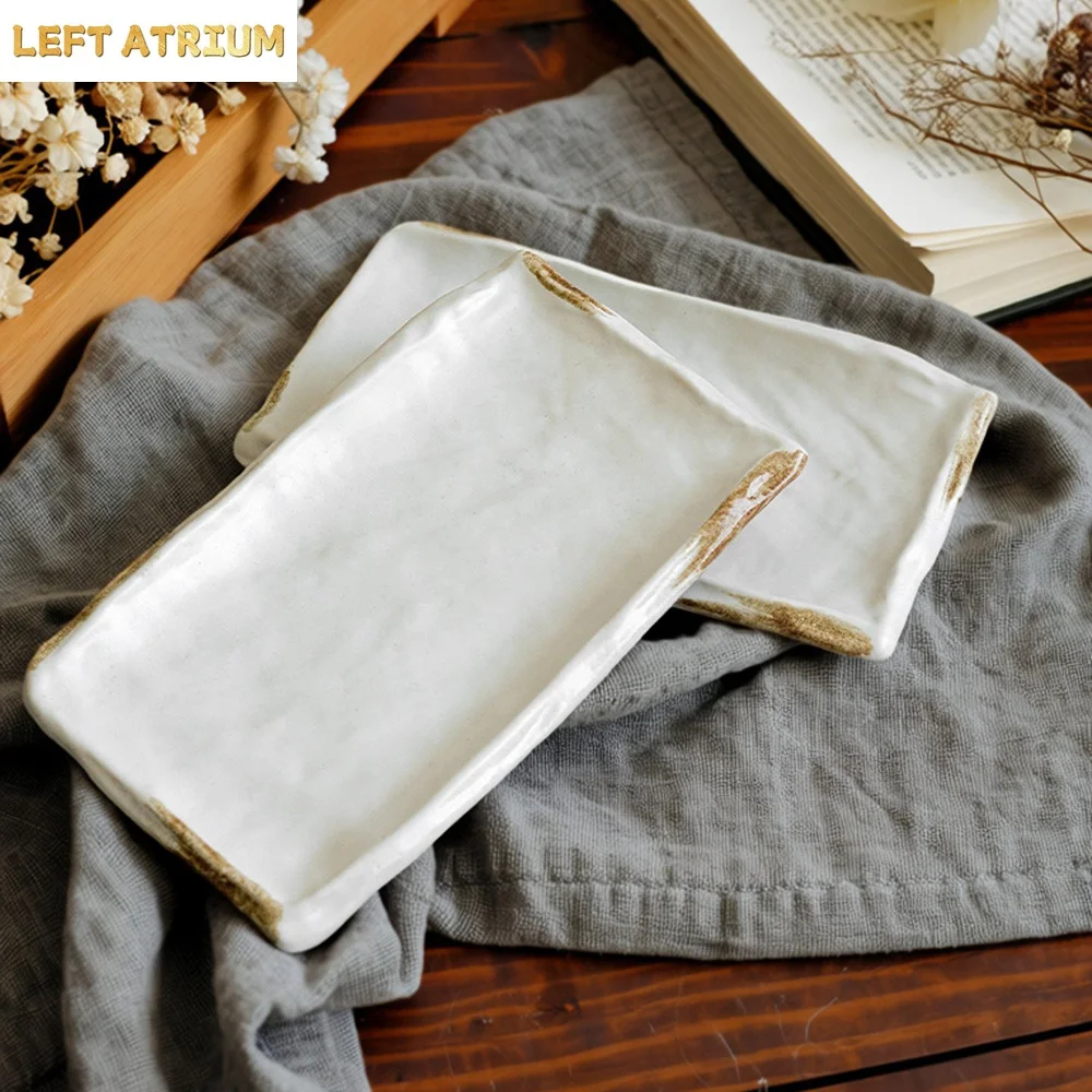 

Japanese Style Rectangle Ceramic Plate Vintage Irregular High Grade Porcelain Dinnerware Snacks Afternoon Tea Sushi Plates