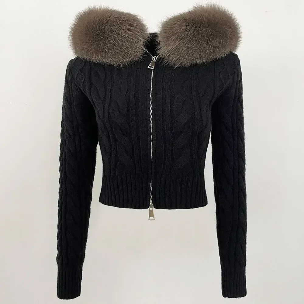 Sweater Jacket Cardigan for Women Cardigan Coat Knit Outerwears Autumn Winter 2024 Real Fur Knitwear Coat Fashion Fur Jacket