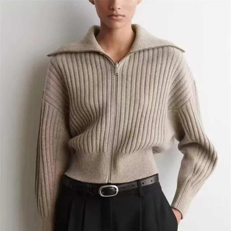 

2025 Autumn Women Zipper Sweater Coat Ribbed Turn-down Collar Simple Solid Color Short Knit Cardigan Lady Casual Outerwear