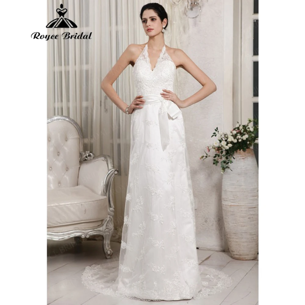 

Roycebridal Свадебное платье-футляр с бретелькой на шее, кружевное платье с бантом и поясом, вечерние платья со шлейфом, 2025 г., индивидуальное suknia ślubna