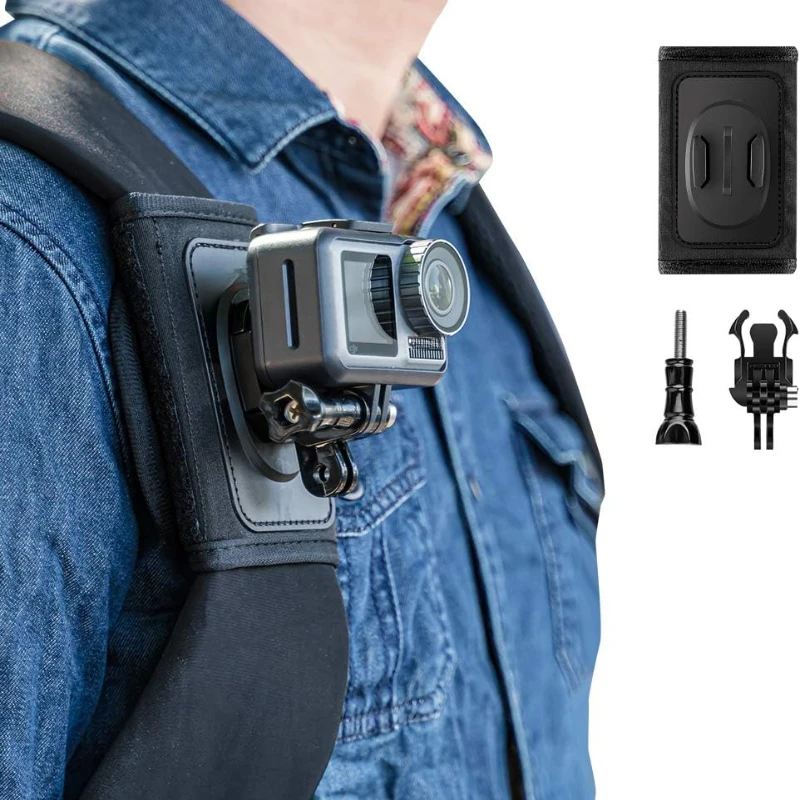 Rucksack-Schultergurthalterung, 360-Grad-Drehung für GoPro DJI Insta360, Freisprech-Kamerahalterung für Radfahren, Wandern, Reisen.