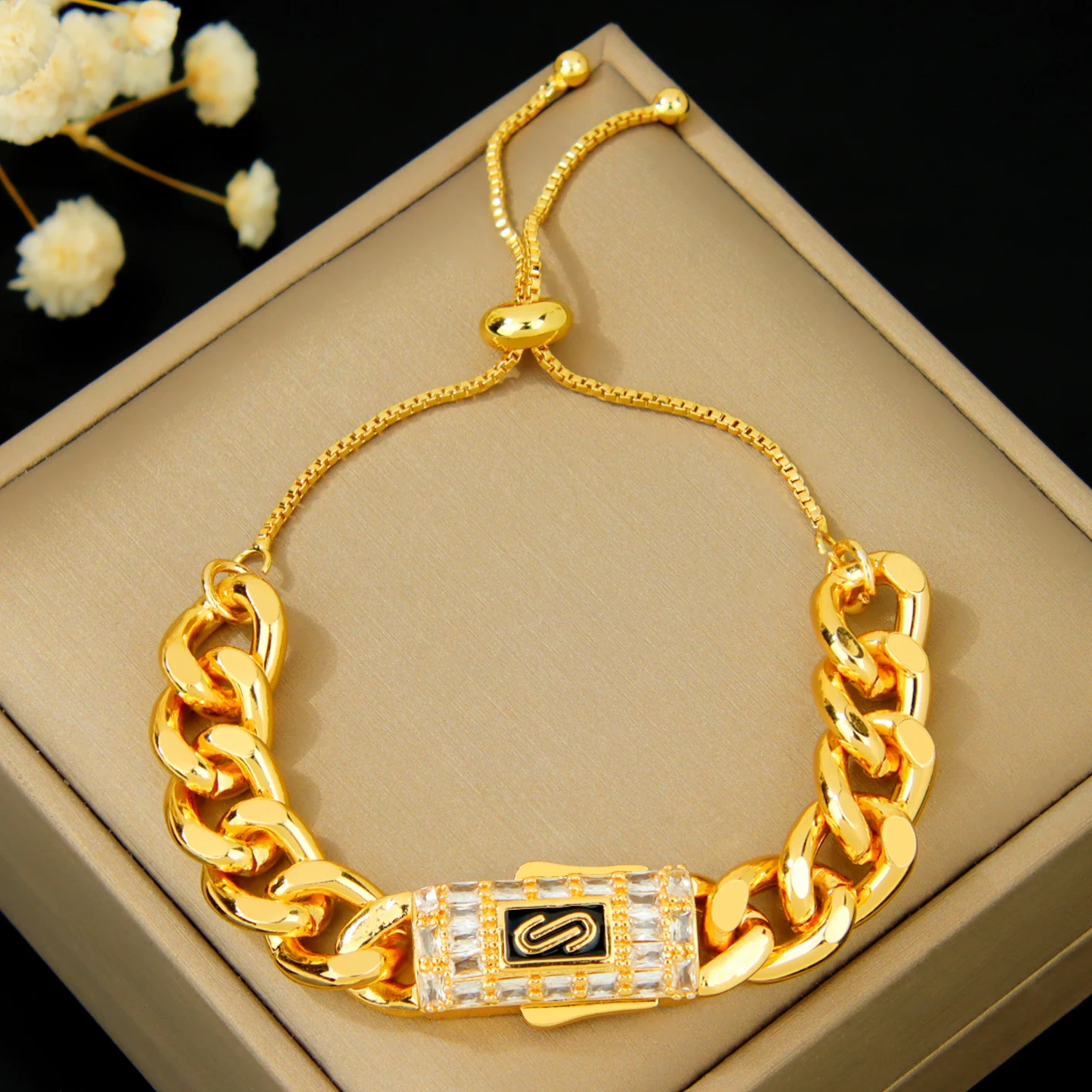 Italienisches Zirkonia Hip-Hop Armband 21k Vergoldet Dubai Punk Kubanisch Verstellbare Armbänder Arabische Muslimische Frauen Event Party Schmuck – Detail 7