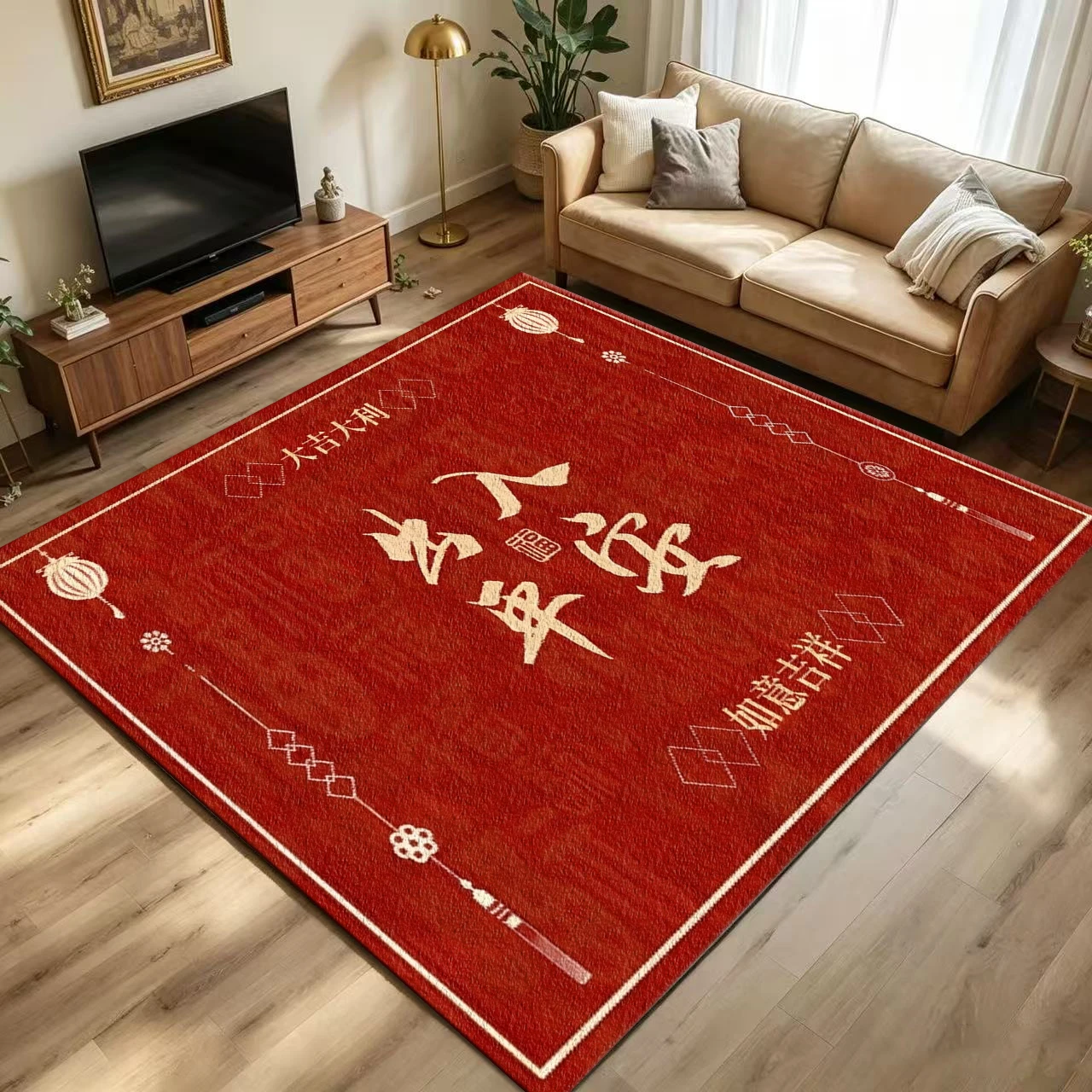 Red Chinese-Style Safety Entrance Welcome Carpet, Non-Slip, Washable, Holiday Home Entrance Mat