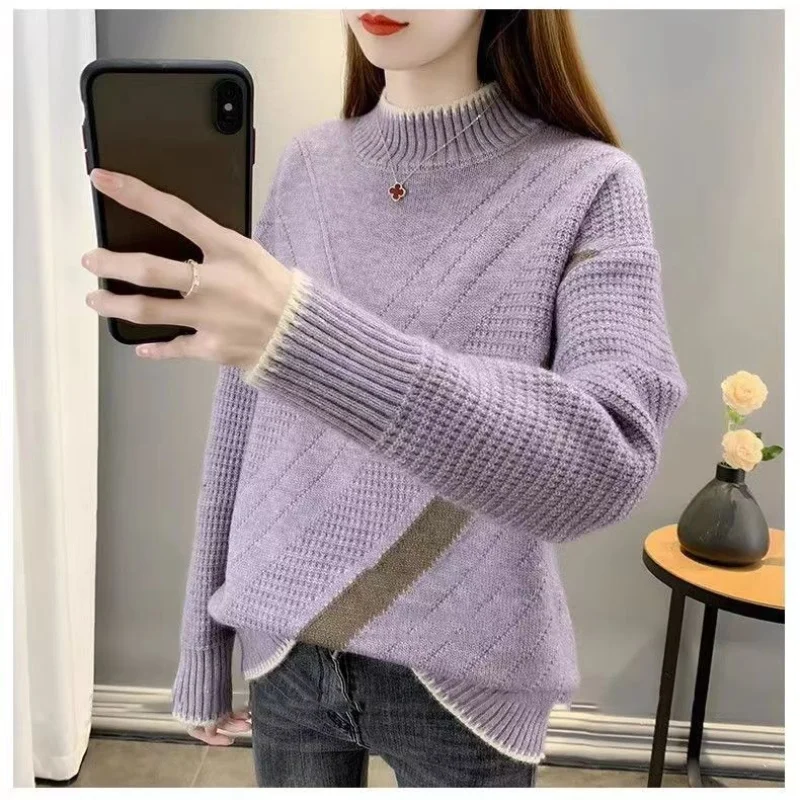 Women's 2023 Autumn/Winter New Warm Loose Inner Layup Bottom Sweater with Thickened Half High Neck Pullover Top