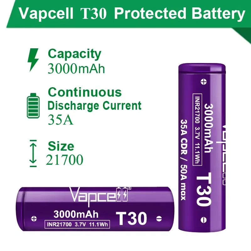 Batteria originale Vapcell T30 INR21700 3000mah CDR 35A Max 50A 3.7V Grado A 21700 Cella ricaricabile agli ioni di litio per torcia elettrica