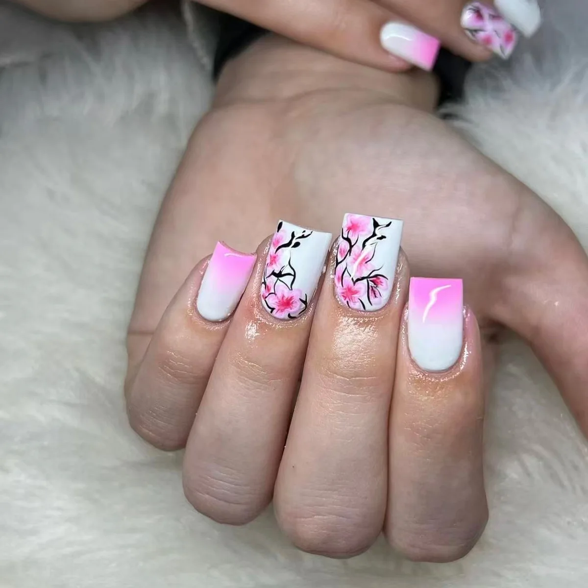 Short Square Head Fake Nail with Colorful Flower Designs Wearable French False Nails Ballet Finished Jelly Stick on Nails 24Pcs