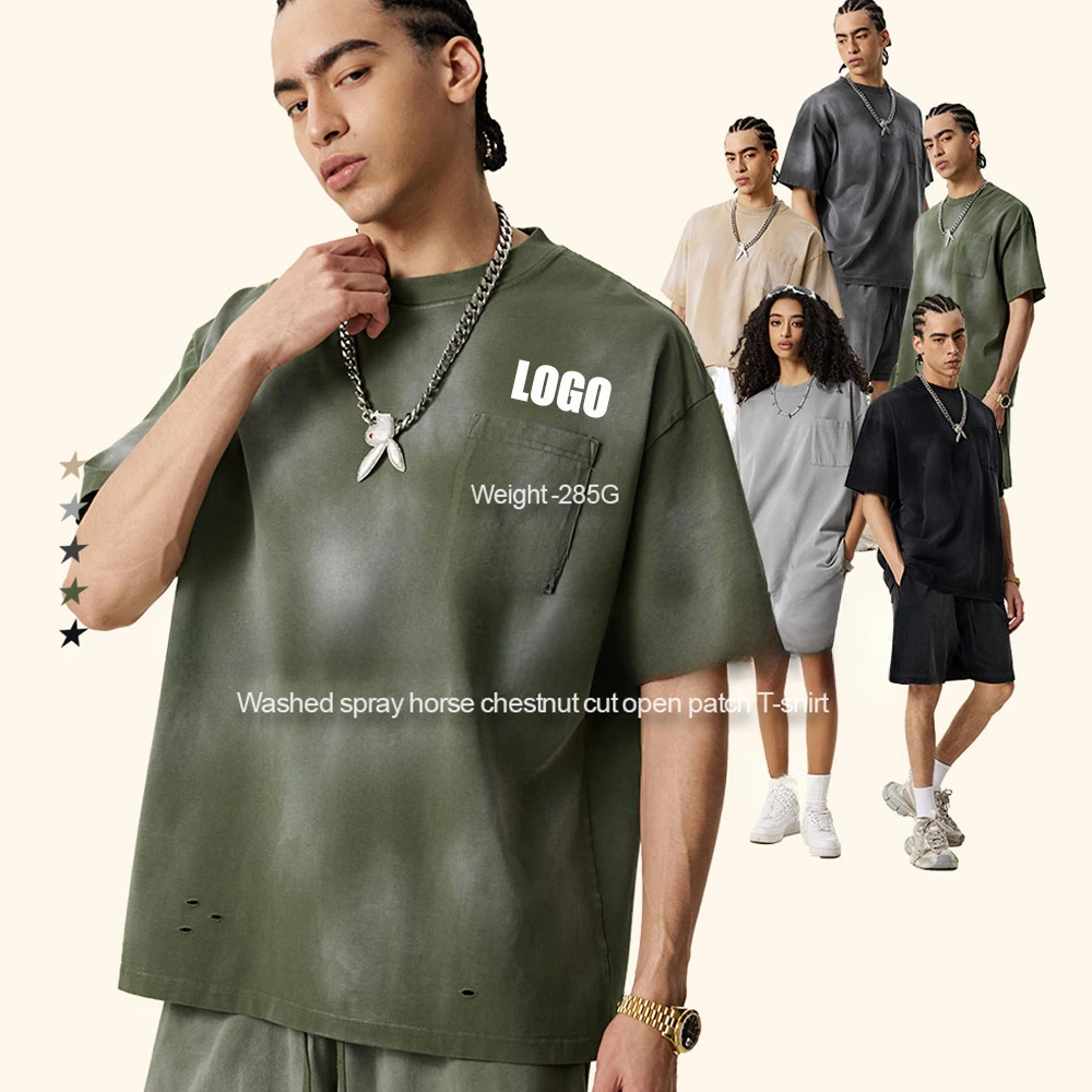 

Custom LOGO men's 2025 summer 285G retro spray horse Liu small worn T-shirt double yarn fabric 100% cotton hole short sleeve