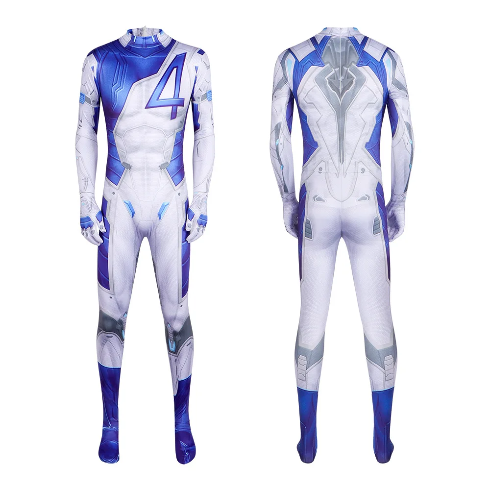 Combinaison de cosplay de personnage de jeu, body imprimé bleu et blanc 4, combinaison intégrale pour homme, costume de cosplay pour adulte pour fête d'Halloween.