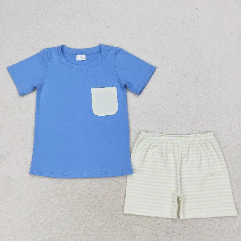 

New rts baby boy summer suit wholesale boutique striped pocket boys blue short sleeve shorts clothing BSSO0985