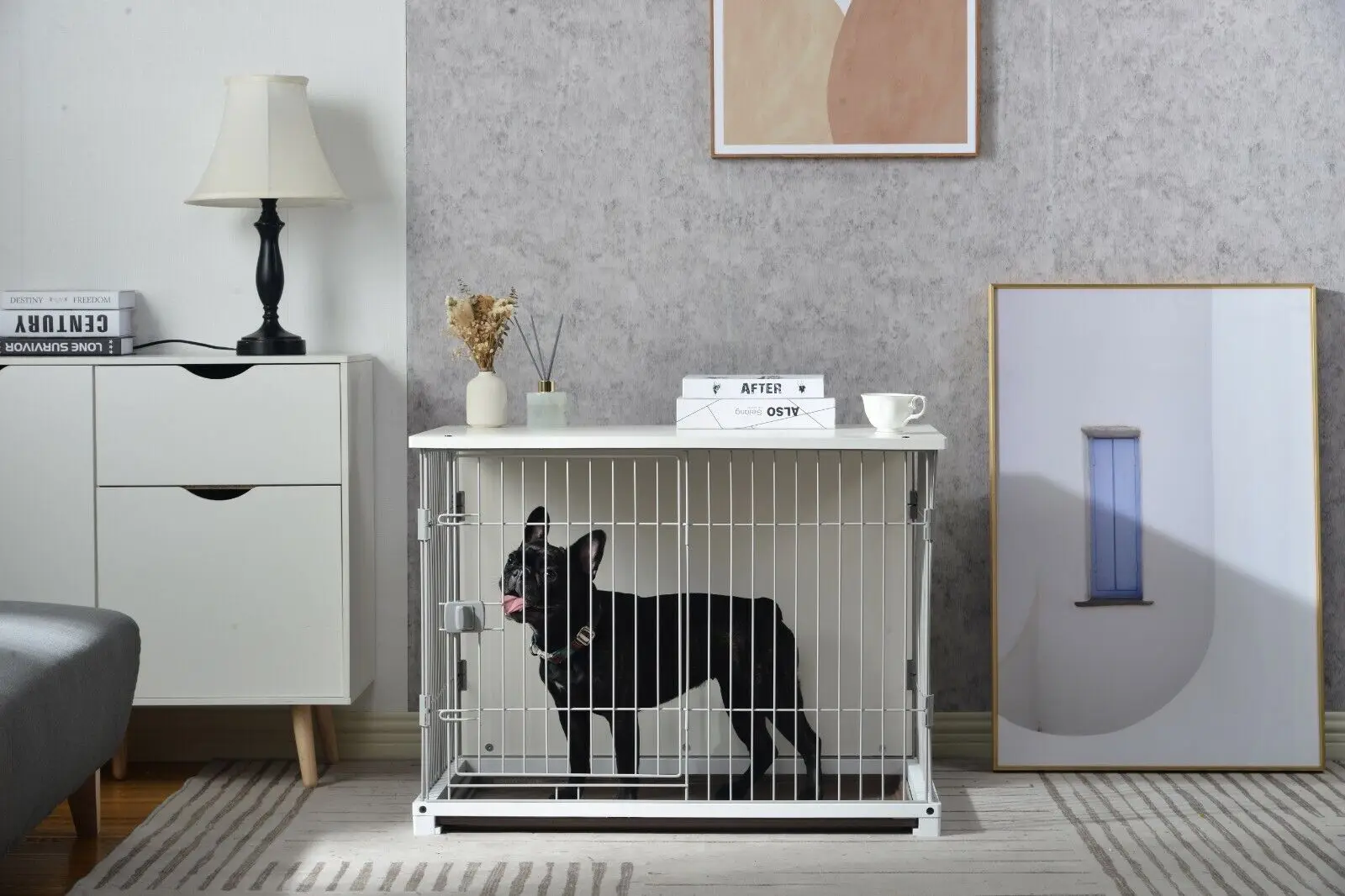 

US 34" Length Elegant Wooden Structure White Dog Cage Crate Furniture style