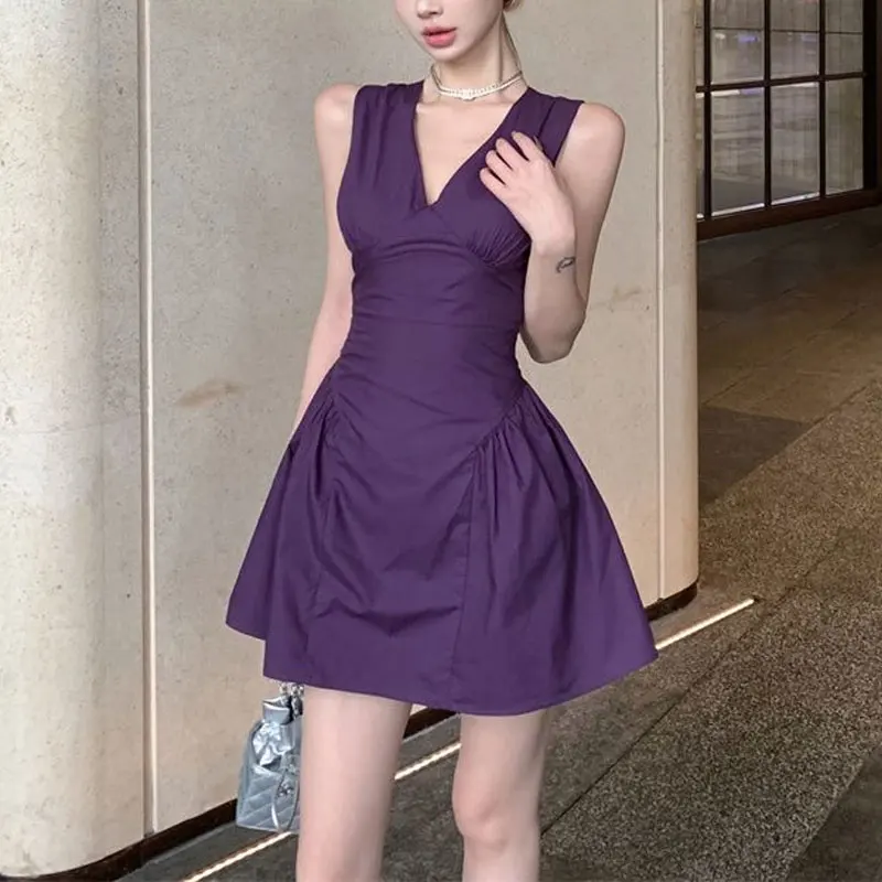 

Summer Aura Purple V-Neck Waist Mini Dress Sleeveless Women's Clothing Solid Color Retro A-Line Stylish Folds Ball Gown Dresses