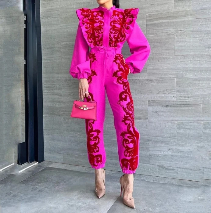 

Women's Fashionable Print Pattern Cow Horn Longsleeved Top Paired with Rose Red Lace Up High Waisted Ankle Pants Long Pants Set