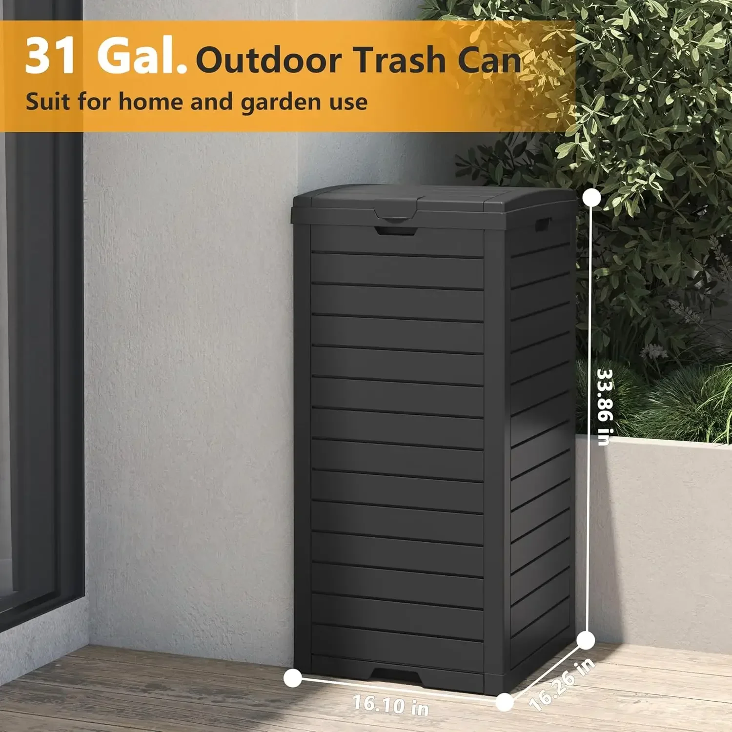 Outdoor Trash Can,Garbage Can with Tiered Lid and Drip Tray, Waterproof Resin Outside Trash Bin for Patio, Backyard