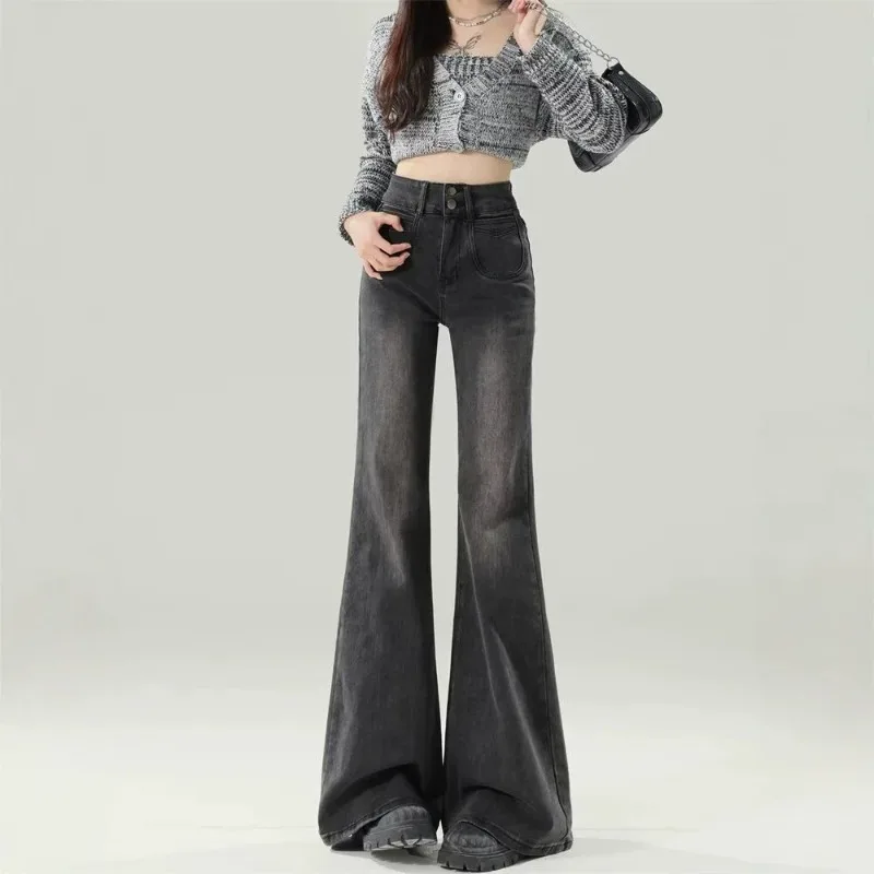 High-waisted Slightly Flared Black Gray Jeans Women New Autumn Style Slimming Form-fitting Floor-length Hoof-shaped Flared Pants