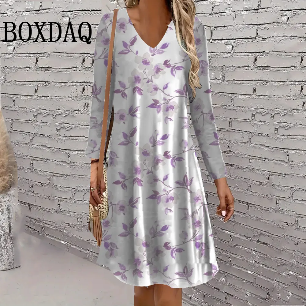 여성 가을 ​​드레스 식물 꽃 프린트 레트로 패션 캐주얼 긴 소매 드레스 스트리트 캐주얼 v 넥 여성 의류 플러스 사이즈