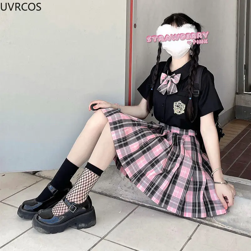 Japanese Preppy Style Sweet Plaid Skirts Women Gothic Pink Black High Waist Pleated Mini Skirt Kawaii Girls JK Uniform Harajuku