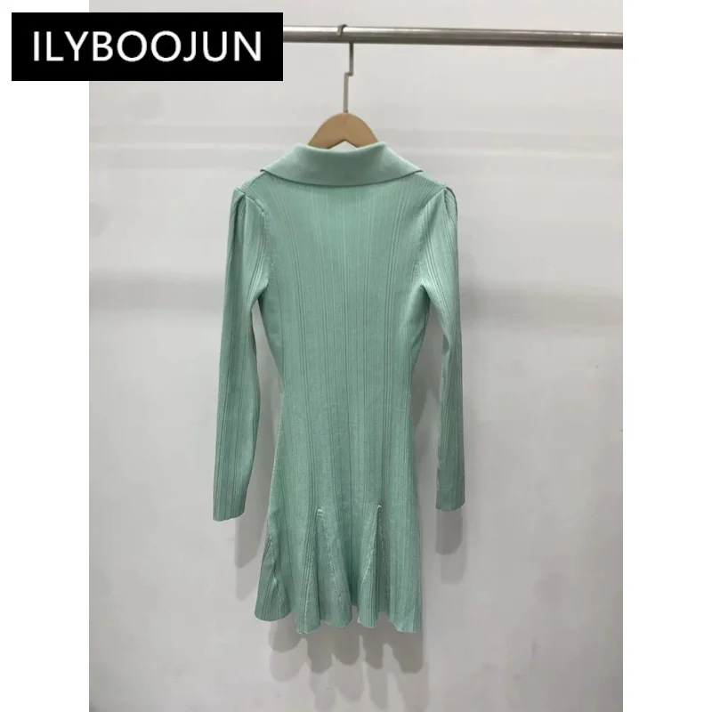 Mint Green Long Sleeve Lapel Knit Womens dresses Fashion Elegant High Waist Stretch Slim A-line Mini Dress 2024 Spring New