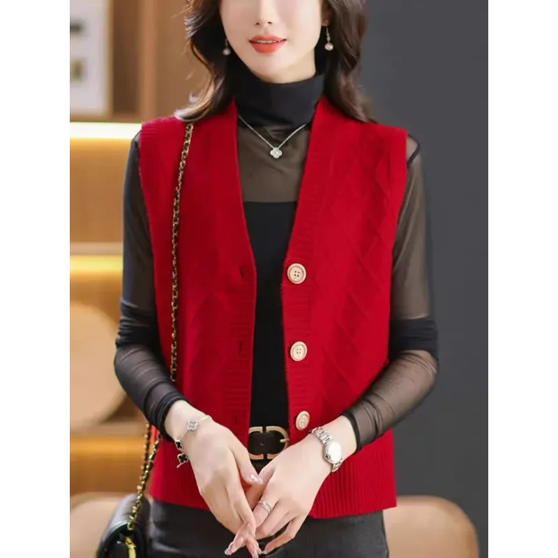 เสื้อกั๊กถักนิตติ้งสำหรับผู้หญิง แฟชั่นใหม่ล่าสุด เสื้อคลุมแบบเวสต์อเนกประสงค์ เสื้อสเวตเตอร์แบบไม่มีแขน