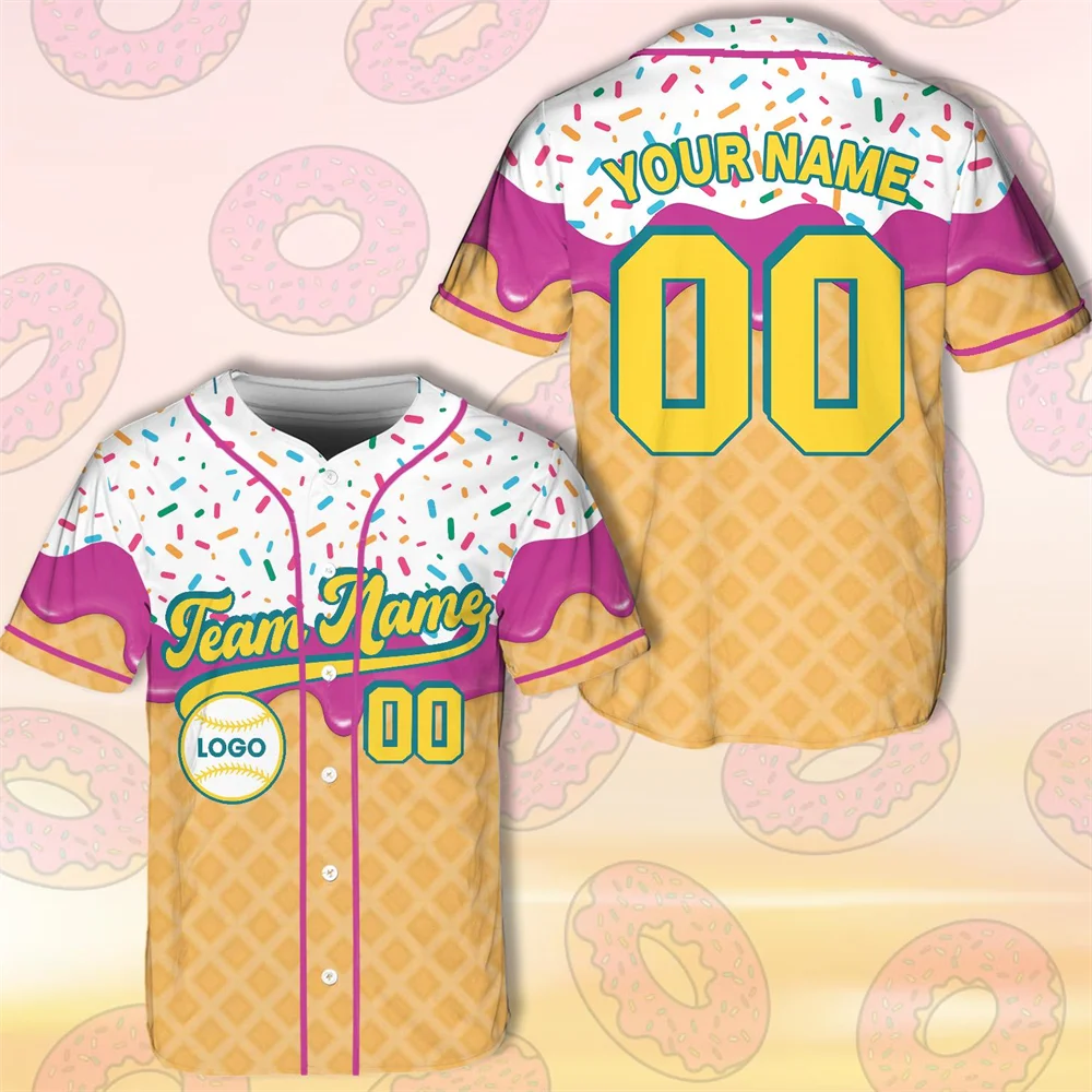 Personalized Ice Cream Baseball Jersey Custom Name Number Shirt 3D Print Funny Ice Cream Baseball Shirt Team Outfit Sport Jersey