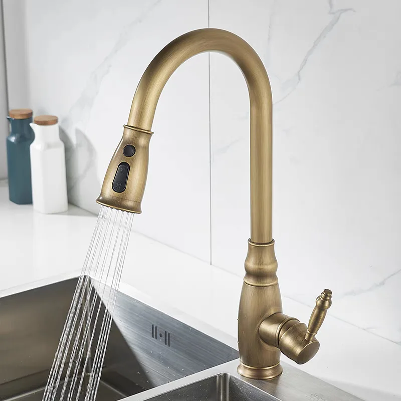 Antique Style Pull-out Hot and Cold Kitchen Faucet Expandable and Rotatable Multifunctional Retro Brass Sink Mixer Faucet