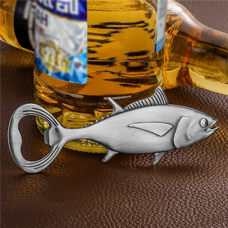 Creative Tuna Fish Shape Metal Bottle Opener Beer Soda Corkscrew Openers for Club Kitchen Bar Wedding Party Gift Set with Bag