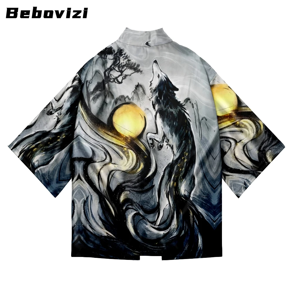 

Bebovizi Fashion Chinese Style Painting Wolf Print Cardigan Haori Women Men Loose Yukata Asian Clothing Harajuku Beach Kimono