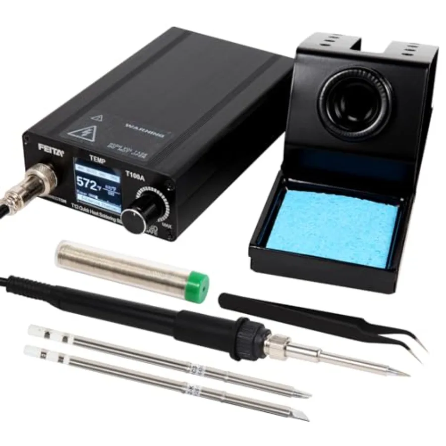 

T12 Soldering Iron Station Kit Tool for Electronics With 3 Solder Iron Tips 1 Soldering Wire and Stand 1 ESD Tweezer Soldering