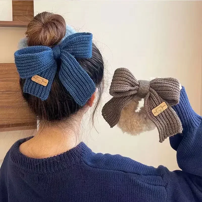 

Lamb Wool Bow Hair Rings - Knitted Winter Hair Ties for Girls, Soft Solid Wool Hair Accessories Hair Pins