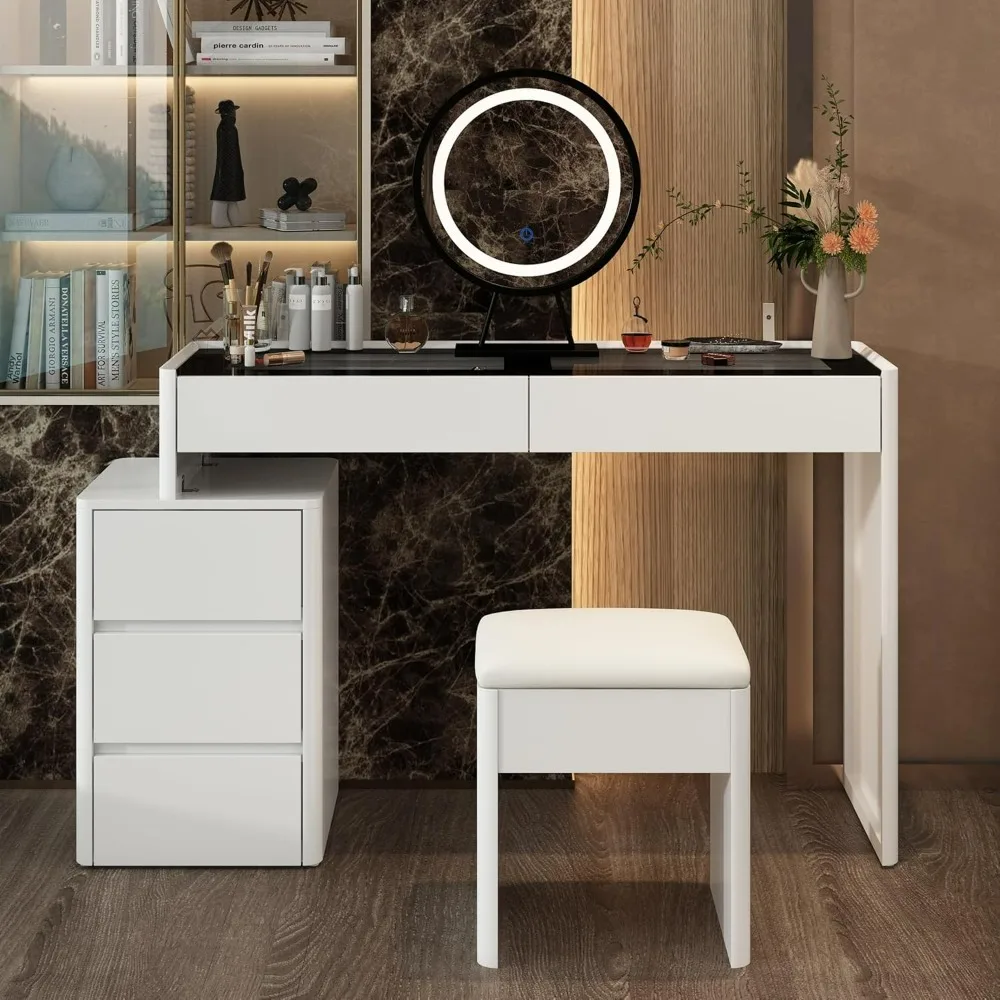 Makeup Vanity Desk with Lighted Mirror,62.2W Dressing Table with 5 Drawers and Storage Shelves,Vanity Desk with 3 Color Lighting