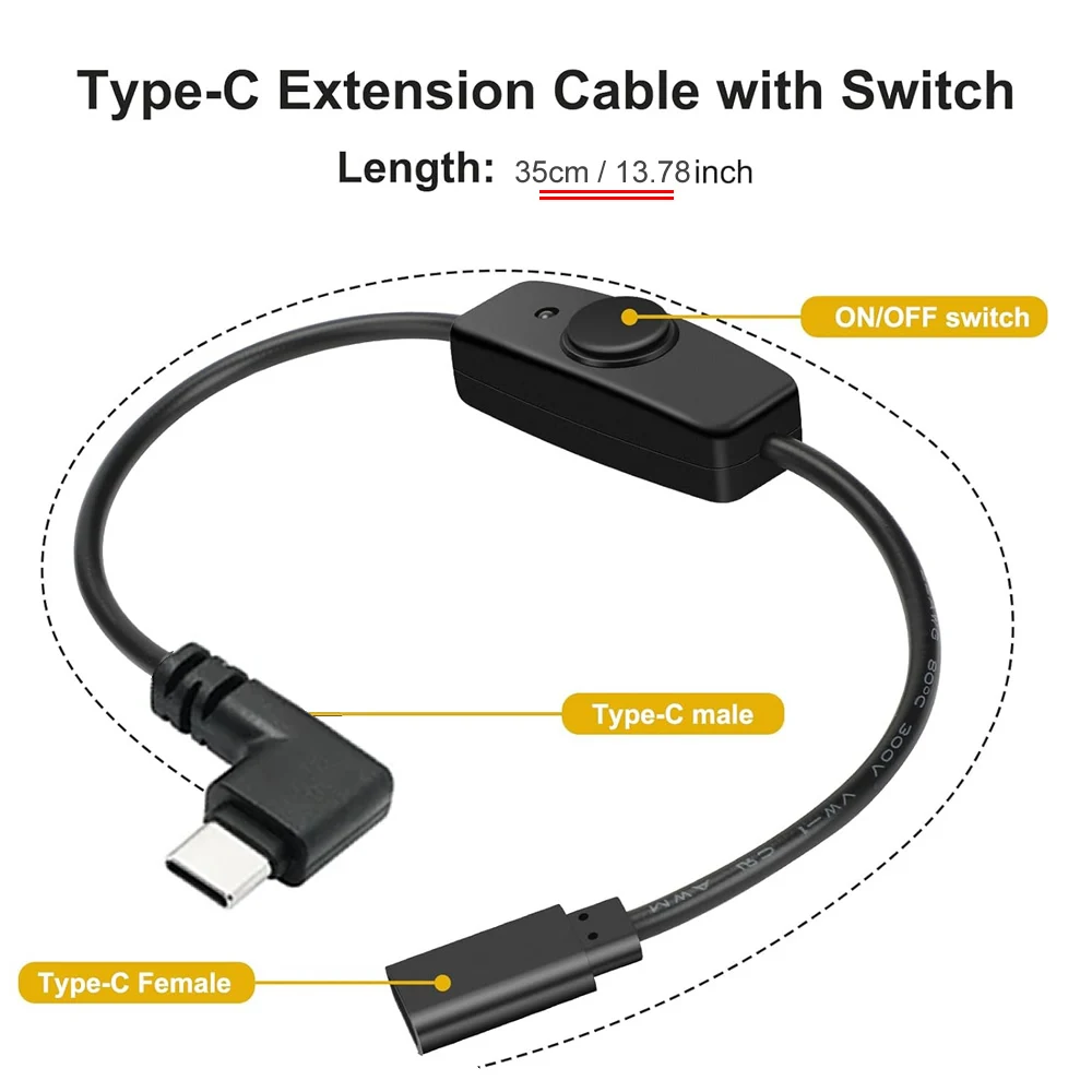 USB-C Extension Cable with On/Off Switch Control Right Angle 90 Degree USB Type C Charging Cord For Mobile Phone/Tablet 5V 2A