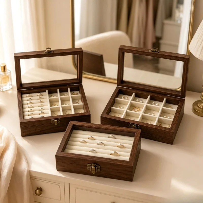 Walnut Pattern Velvet Jewelry Storage Box, Korean Style Hard Organizer for Ring Necklace Earring Bedroom Use