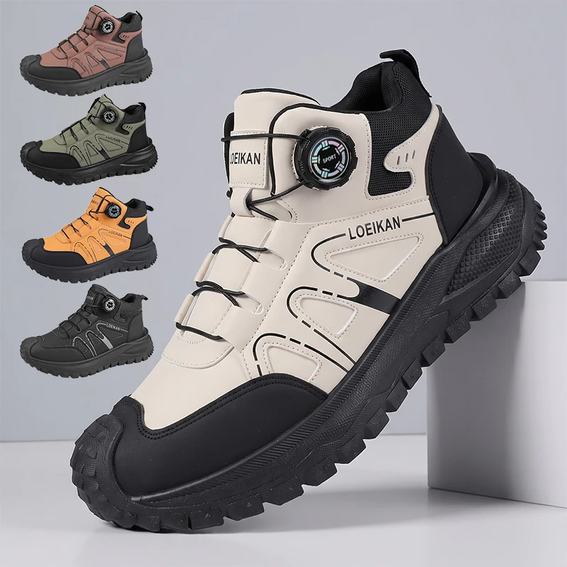 Men High‑top Rotary Buckle Boots PU Leather Anti‑collision Non‑slip Thick Sole Casual Male Ankle Shoes