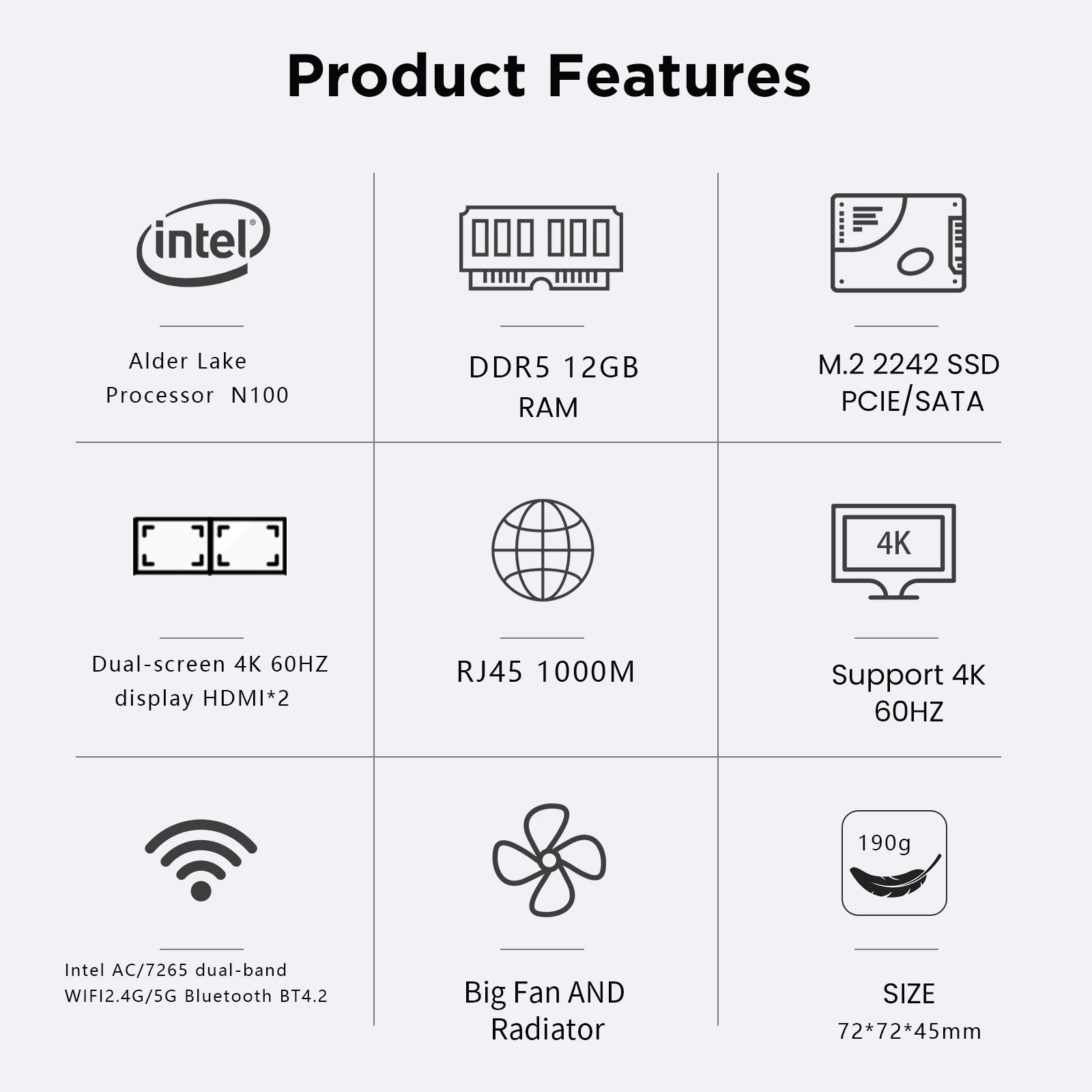 Mini PC ZX01 Plus Windows 11 Quard Core, 12e génération, processeur Intel Alder Lake N100, LPDDR5, 12 Go, 256 Go, 1000M, 5G, WiFi 5, BT, Windows 11, NUC Desktop