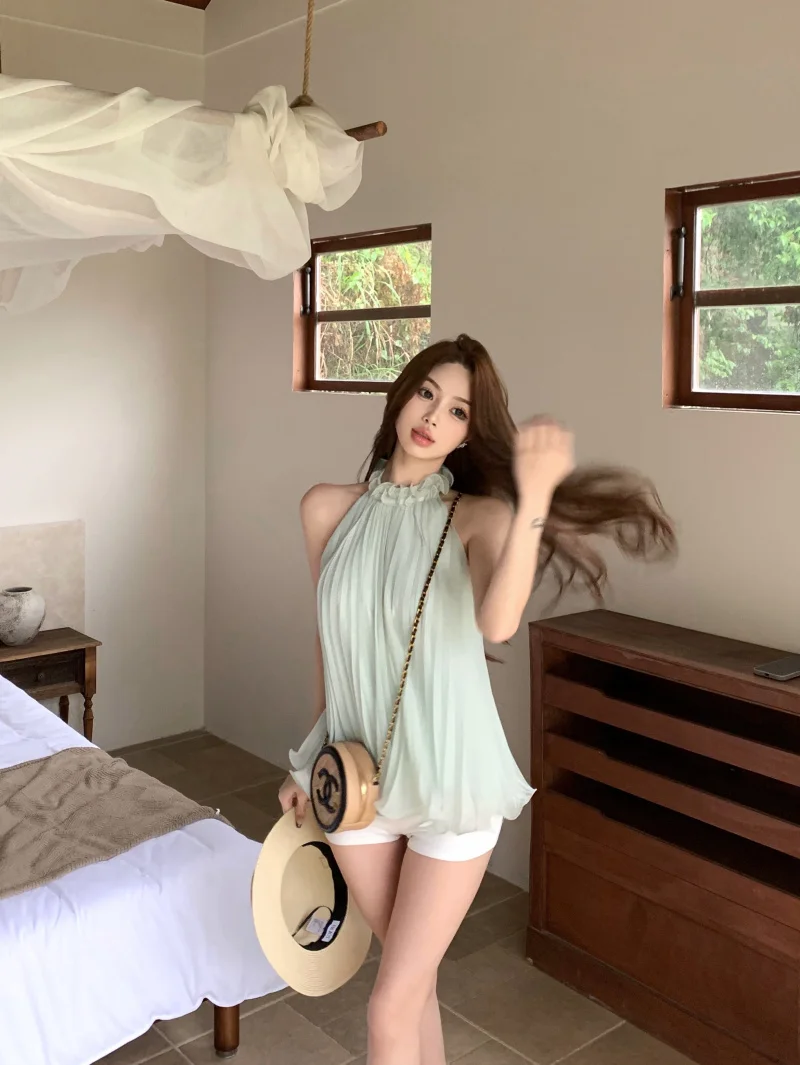 Mint Green Neck Hanging Pleated Chiffon Vest Women Summer Gentle Set White Super Short Pants Wrap around Hot Shorts Two Piece...