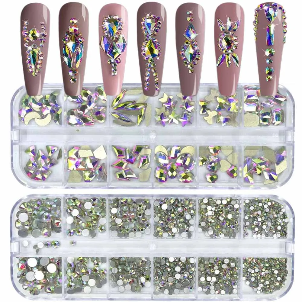 24Grids 2 Dozen 3D Gemengde Doorschijnende Kleurrijke Nail Art Steentjes Hart/Drop/Ronde Nagel Kristal Sparkle AB Diamant nagel Zirkoon