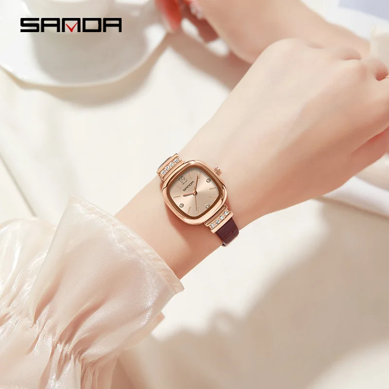 SANDA7052 Luxury Women's Diamond Set Watch Elegant Retro Design Lightweight 9MM Waterproof Mineral Glass Fashion Sunshine Dial