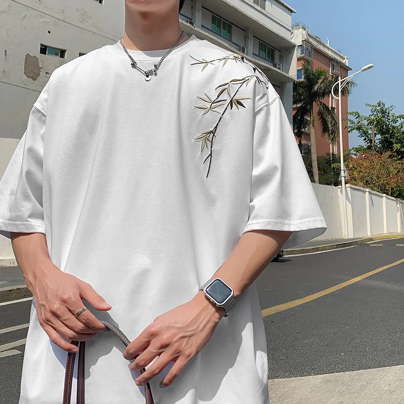 Bamboo Embroidered T Shirt Men Harajuku Streetwear T-Shirts Summer Short Sleeve Black White Loose Casual Tshirt Tees Top