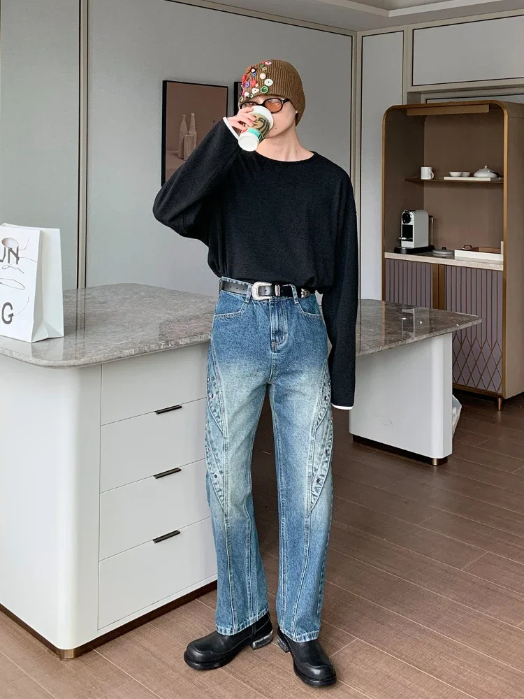 Vaqueros empalmados de pierna ancha para hombre, estilo coreano, Hipster que combina con todo, holgado, de cintura alta, para uso diario, S-3XL vaquero Retro básico