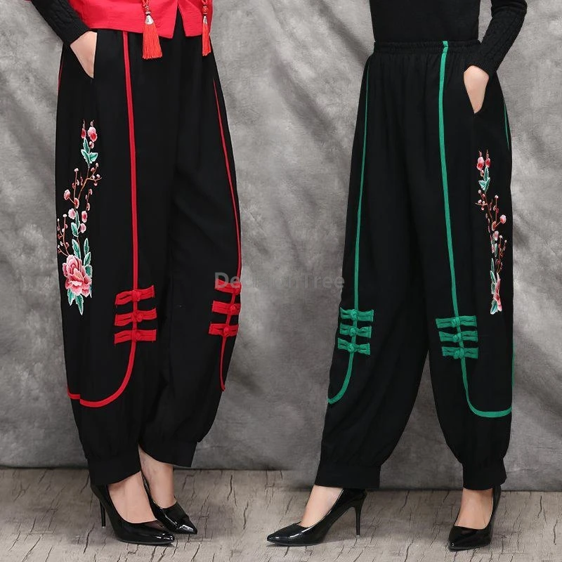 

2025 cotton and linen ethnic style embroideried pants loose versatile vintage chinese trousers leisure fashionable britches