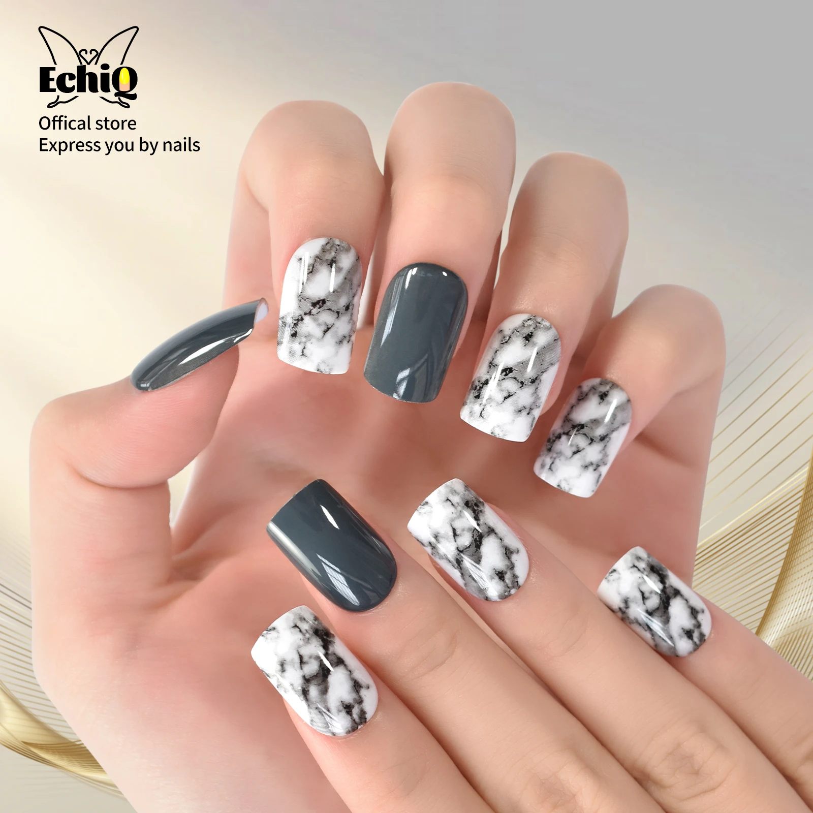 Dirty Medium Press On Nails Design Square Fingernails Art Black And White Style Nails Salon At Home Manicure Pretty Beauty Nails